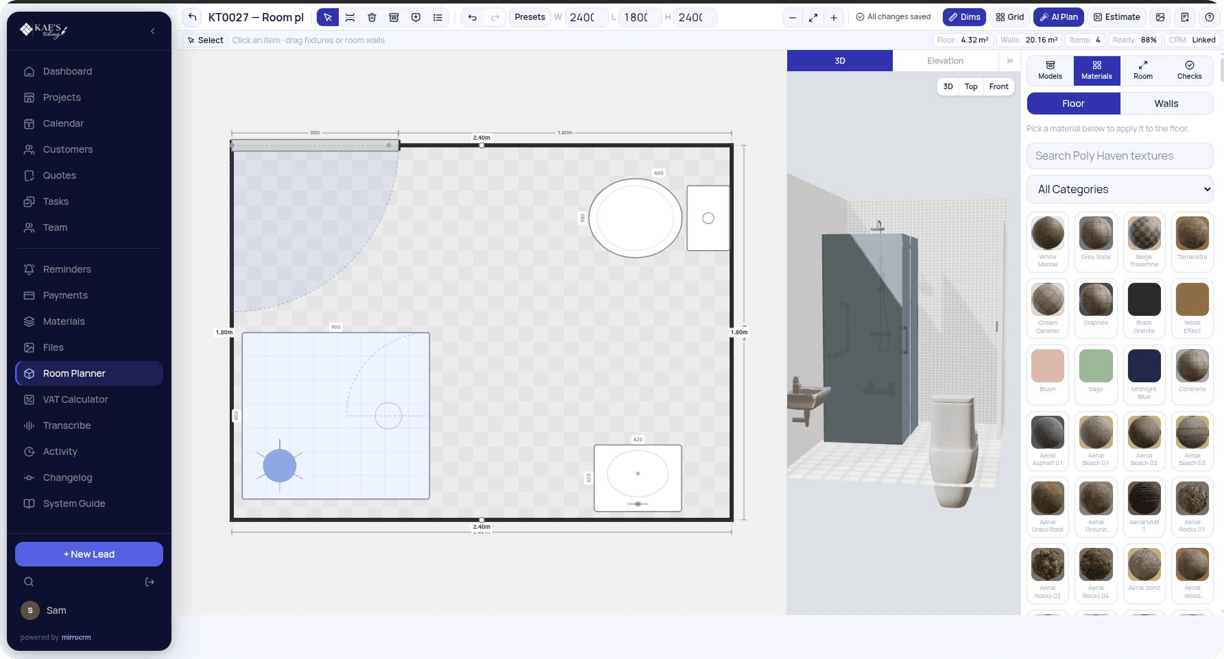 MirroCRM quote builder with scope, pricing and approval state